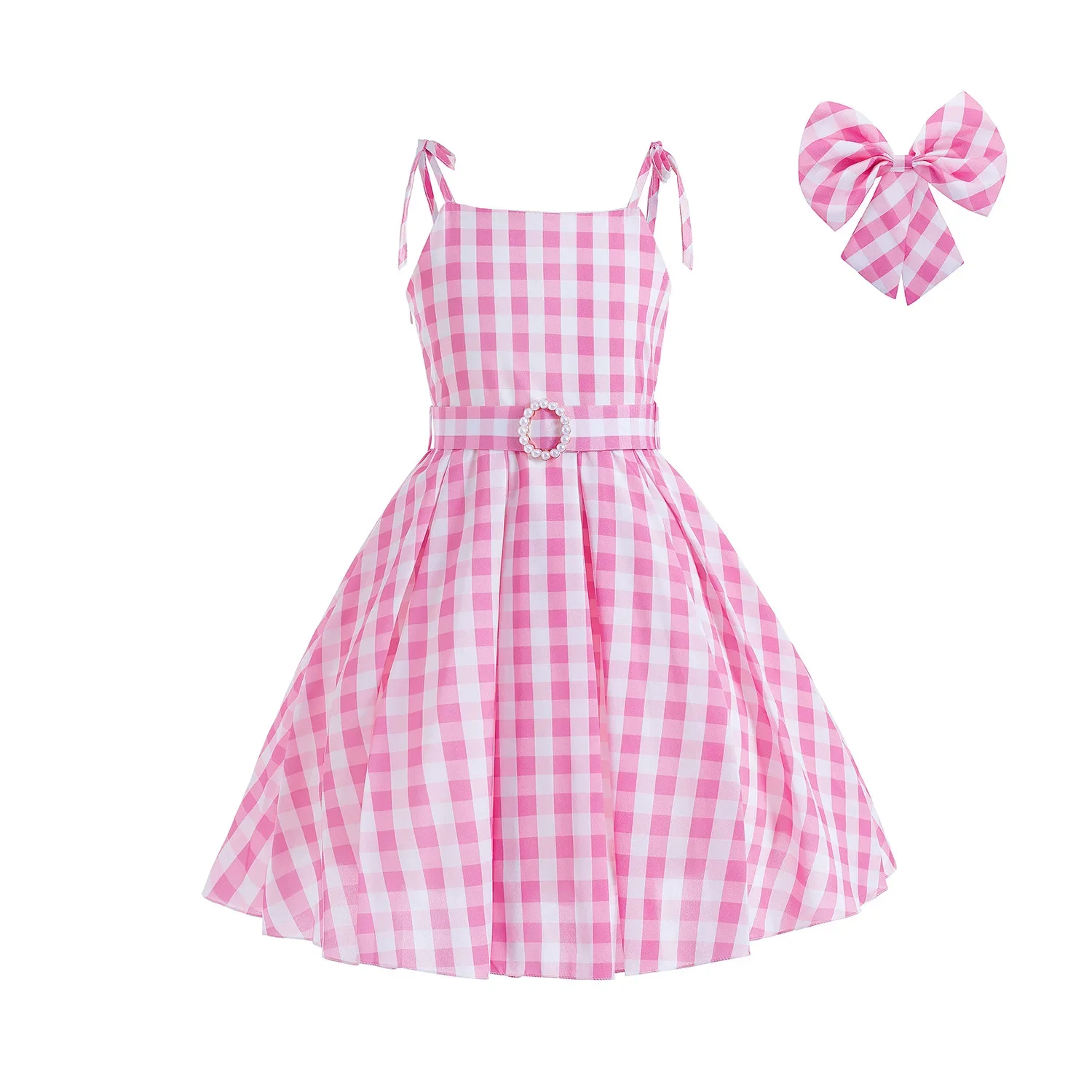 2024 Girl Doll Cosplay Barbiecore Plaid Dress Barbi Cowgirl Costume Kid Halloween Vintage Off Shoulder Fashion Barbei Pink Frock