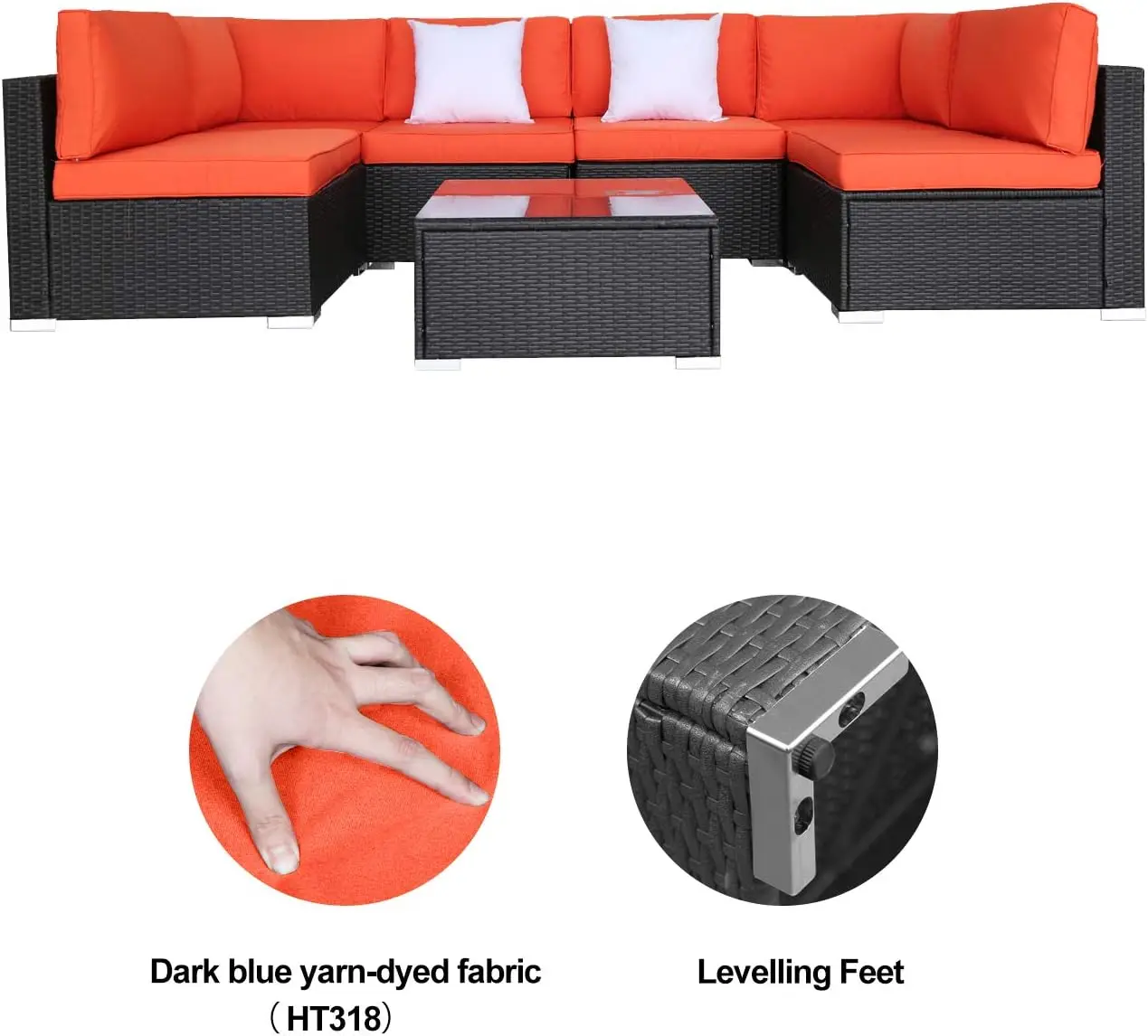 Móveis de vime do pátio com almofadas, 7 peça, Rattan Sofá Set, Conjuntos de Conversa, 1 aba de vidro temperado