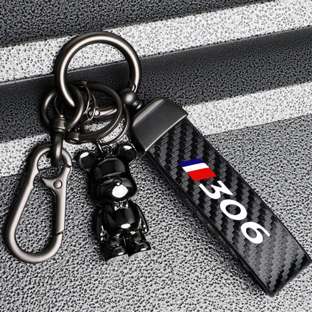 New Car Key Chain Keyring Auto Interiors Accessories Car Carbon Fiber Style Keychain For Peugeot 306 307 308 Car Accessories