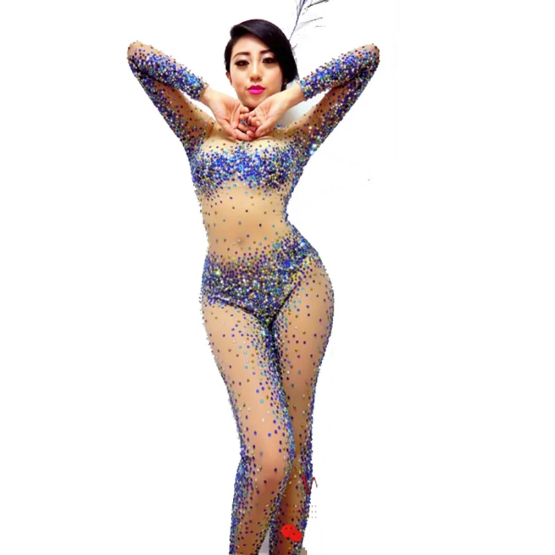 

Customized Handmade Colorful AB Rhinestone Costumes Shining Tight Bodysuit Dj Singer Dancer Costume For Women