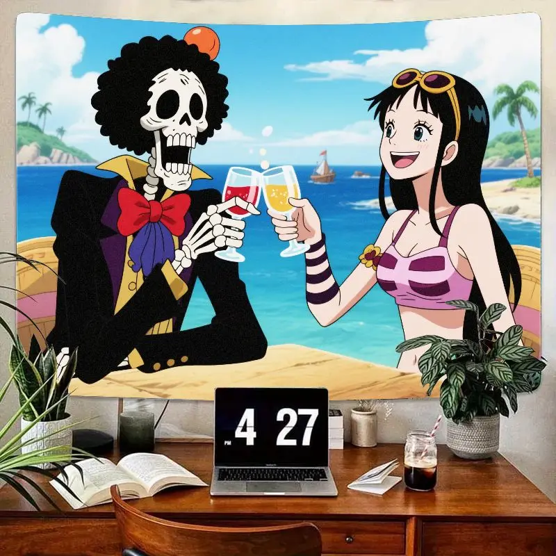 

1 шт. Аниме Скелет Афро и Девушка Гобелен для пляжной вечеринки - Красочное настенное искусство с океанскими песочными пальмами, Бикини Девушка Фиолетовый жилет Скелет