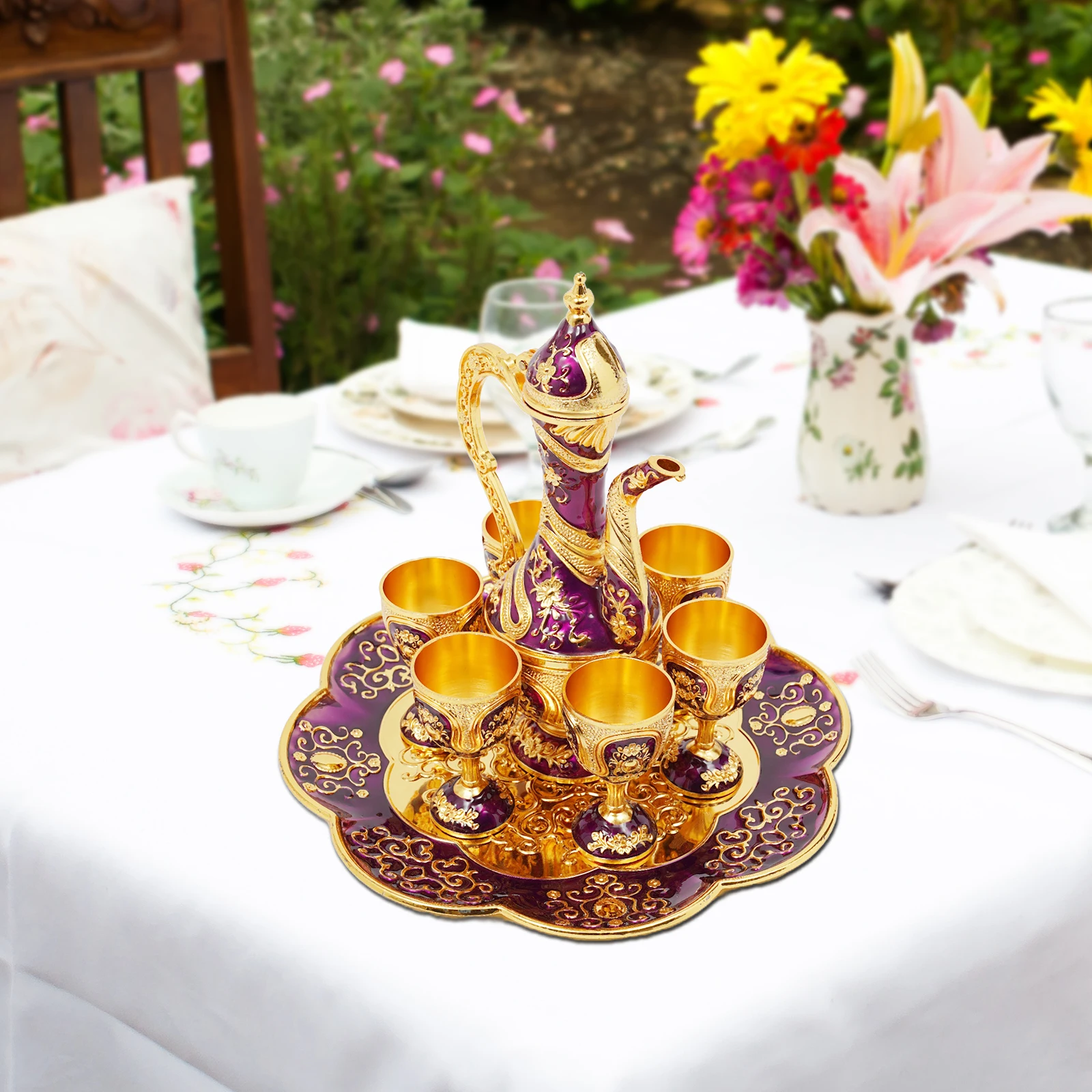 

Tea Tray and 6 Cups for Wine Cabinet Decor, Vintage Coffee Pot and Cups Set, Tea Service Set Including Teapot