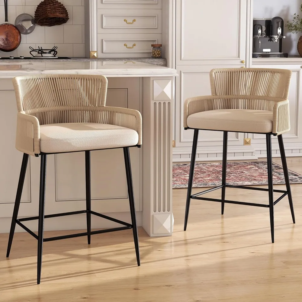 

Farmhouse Woven Bar Stools Set of 2, 26 Inch Linen Upholstered Rattan Barstools with Curved Backs, Modern Bar Chairs