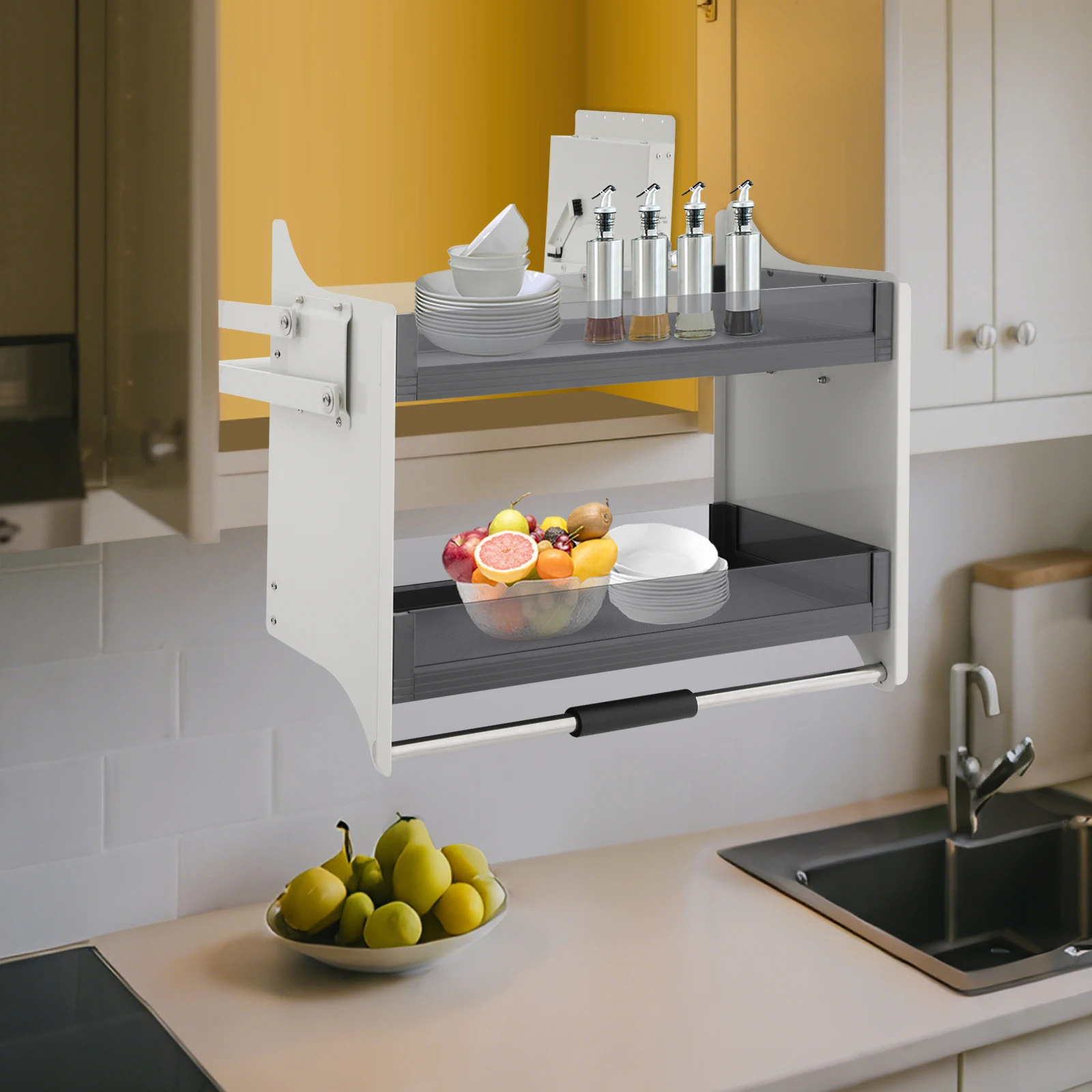 풀다운 합금강 선반, 흰색 2단 풀다운 선반 76.4*26*54.3cm 최대 하중 12kg 주방 상단 캐비닛용