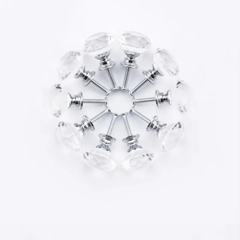 10Pcs/set 30mm Diamond Shape Design Crystal Glass Knobs Cupboard Drawer Pull Kitchen Cabinet Door Wardrobe Handles Hardware