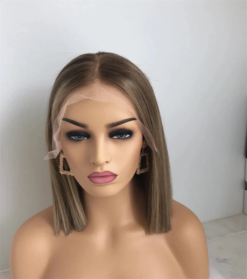 Short Bob Ash Blonde Lace Frontal Wig 100% Human Hair Brown Highlight 13x4 Straight HD Lace Front Human Hair Wigs For Women