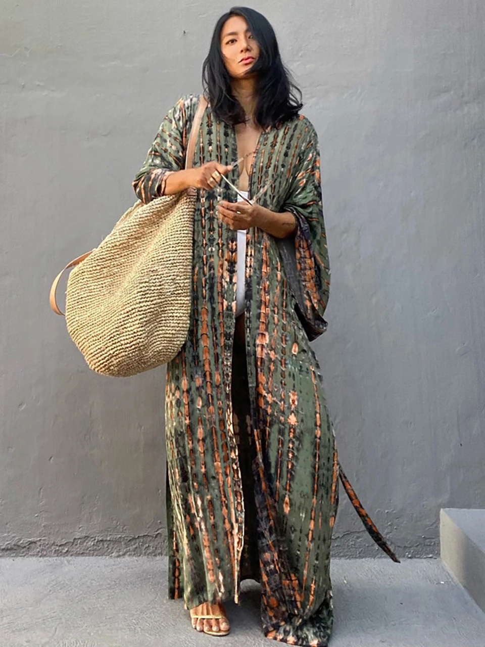 Kimono a rayas con teñido anudado, capa de playa para mujer, Pareo con cinturón, cárdigan por separado, trajes de verano, ropa de playa