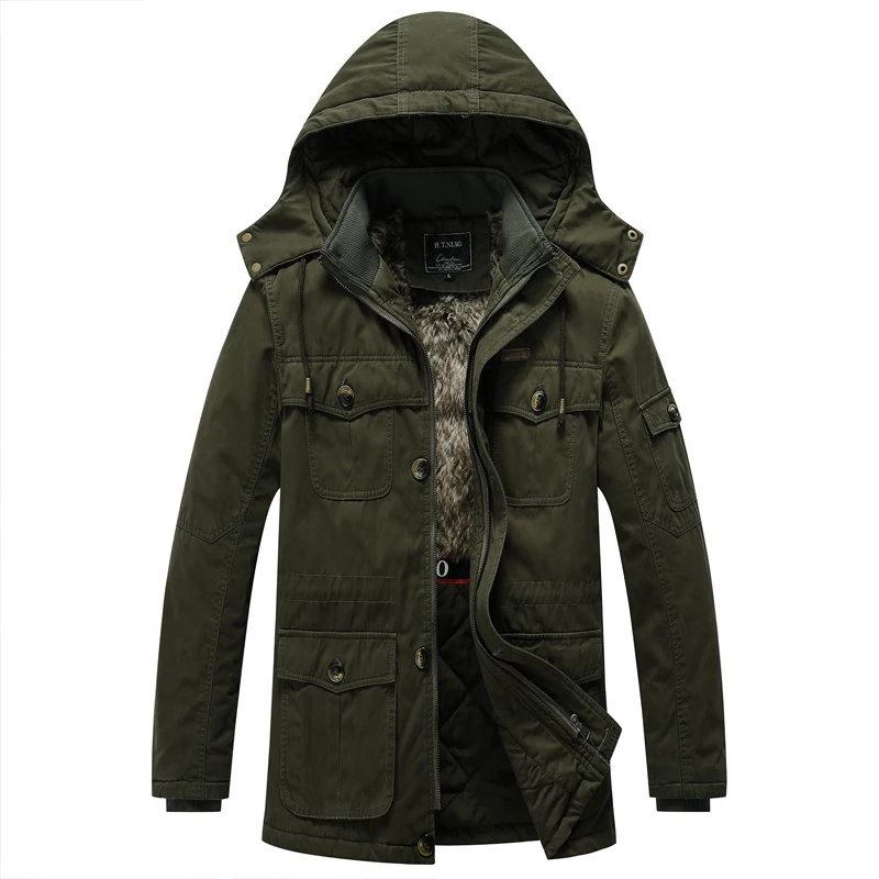 TRAF 2024 Winter Mid-Long Washed Jacket Inside Splicing And Fleece Thickened Warm And Winterproof Men\'s Tooling Cotton Coat