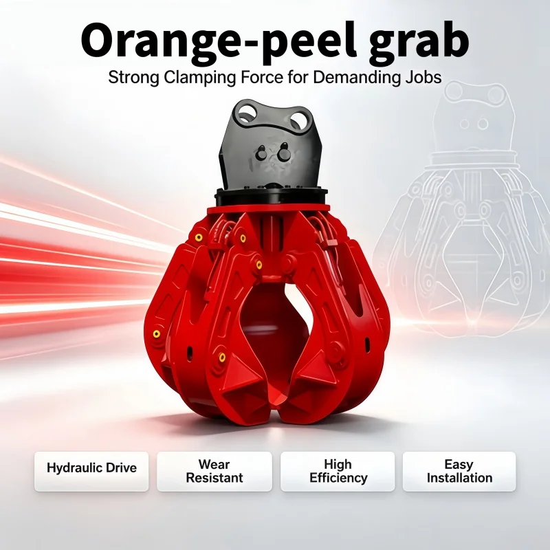 Heavy Duty Hydraulic Orange Peel Grab Bucket 360 Continuous Rotating 5 Tine Scrap Grapple With Motor For Steel Recycling Yard