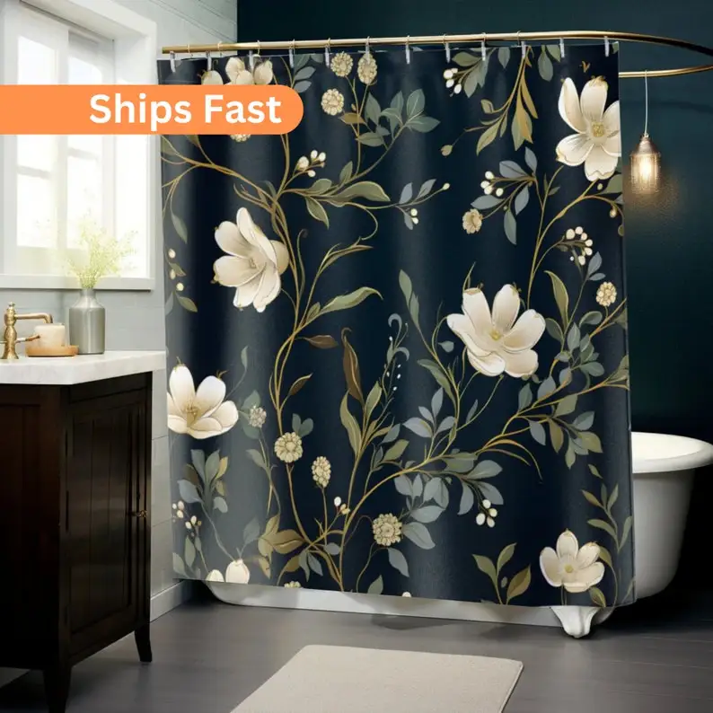 

Shower Curtain Designer Bathroom Decor Beautiful Polyester Botanical White Floral Aesthetic ming Gift Long Bath Accessory