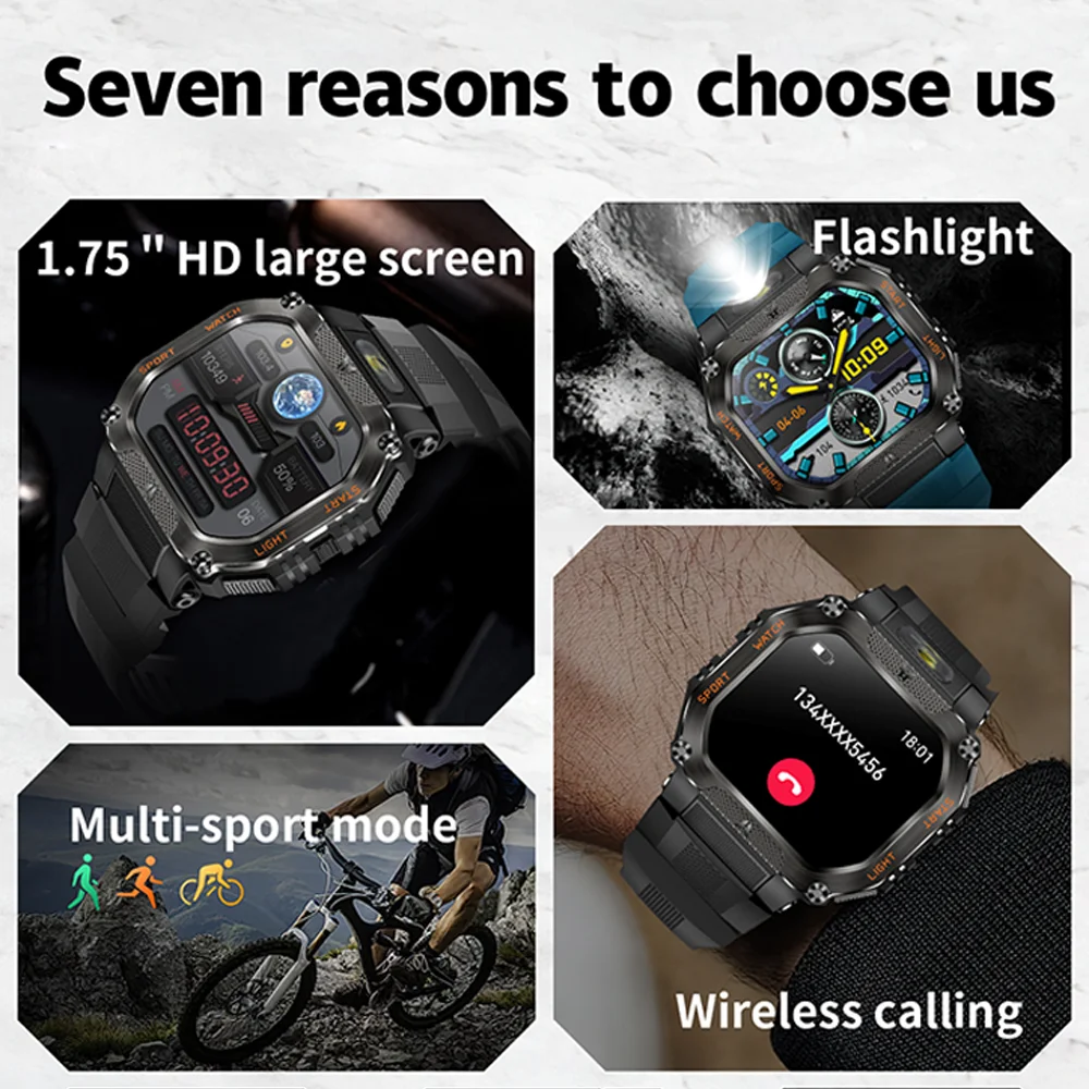 العسكرية في الهواء الطلق ساعة ذكية الرجال 3ATM مقاوم للماء البوصلة معدل ضربات القلب سوار لياقة بدنية 480 mAh مكالمة صوتية الرياضة Smartwatch 2025
