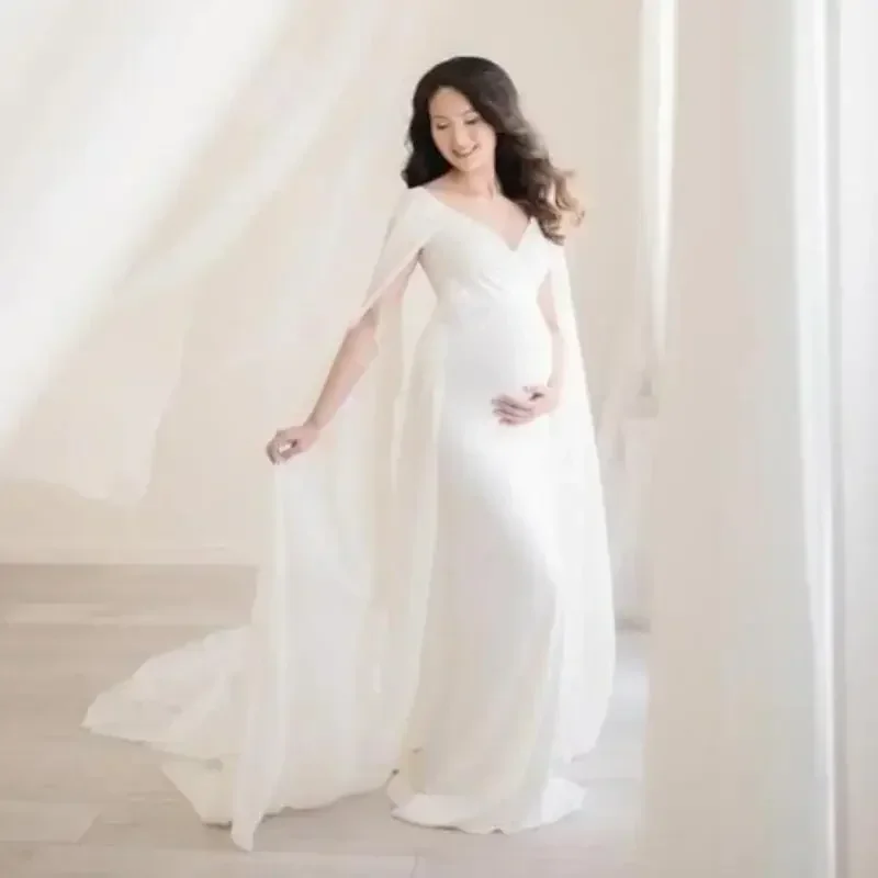출산 사진 소품 임신 복장 사진 촬영 오프 어깨 임신 목도리 펄럭이는 드레스 여성용 맥시 가운