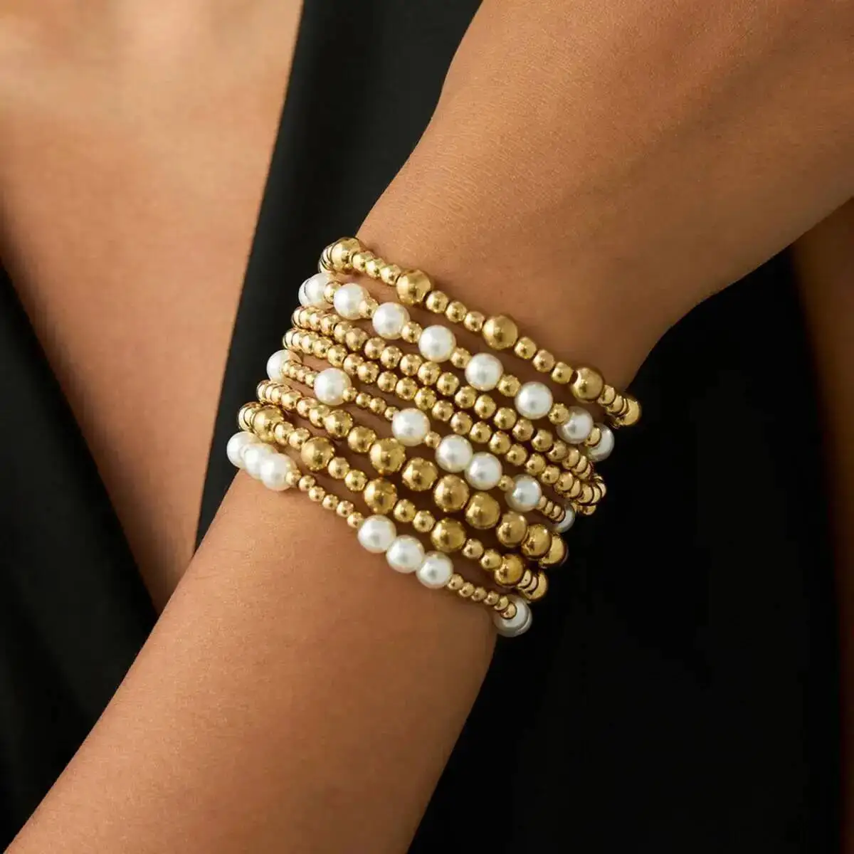 

KunJoe 8 Pcs/Set Vintage Elastic CCB Bead Chain Bracelet for Women Elegant Multilayer Imitation Pearl Charm Bangle Jewelry Gift