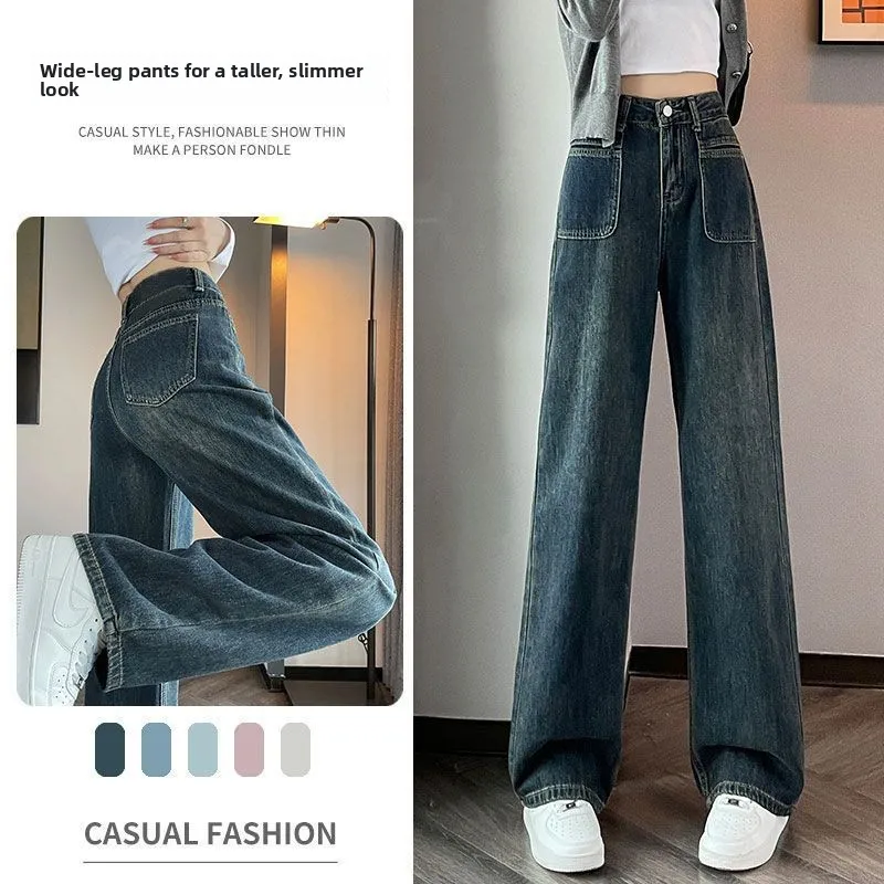 High Waist Wide Leg Blue Denim Pants Women's Autumn Fashion Straight Cut Slimming Long Pants Hong Kong Style Floor Length