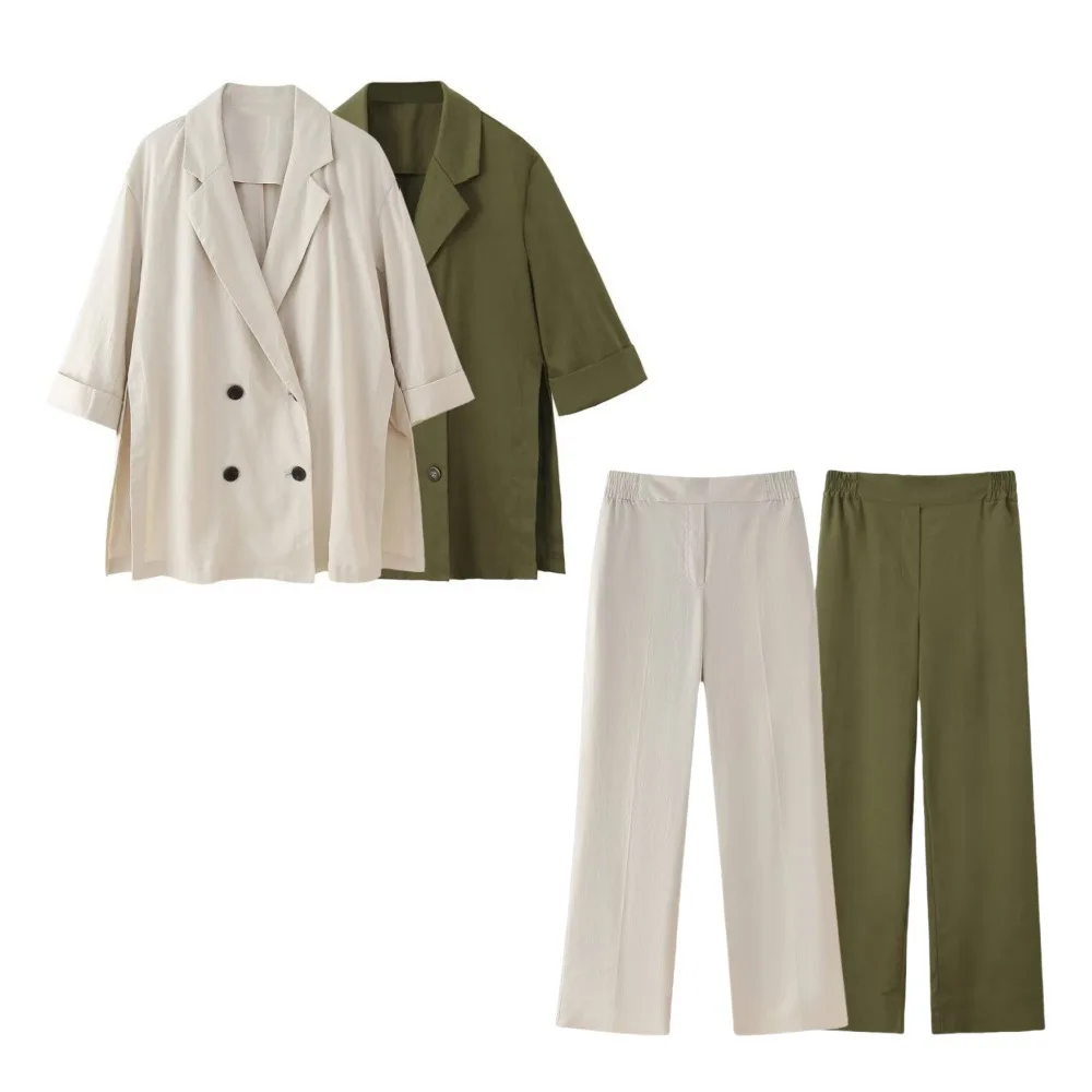 

Women's Vintage Linen Blend Loose Suit Straight Pants Set Double Lapel Long Sleeve Jacket High Waist Pocket Wide Leg Pants Set
