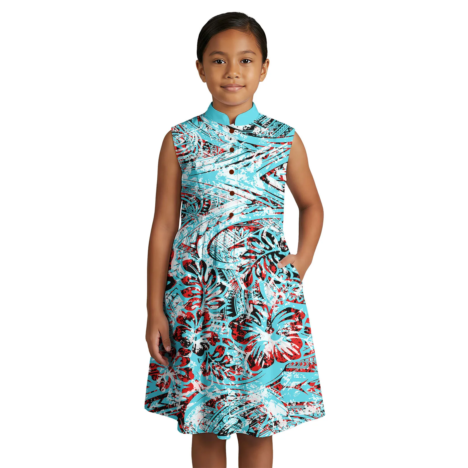 Custom Button Design Cute Clothes Samoan Tribal Dress Hawaiian Tropical Pattern Children Wear Polynesian Girls Sleeveless Dress