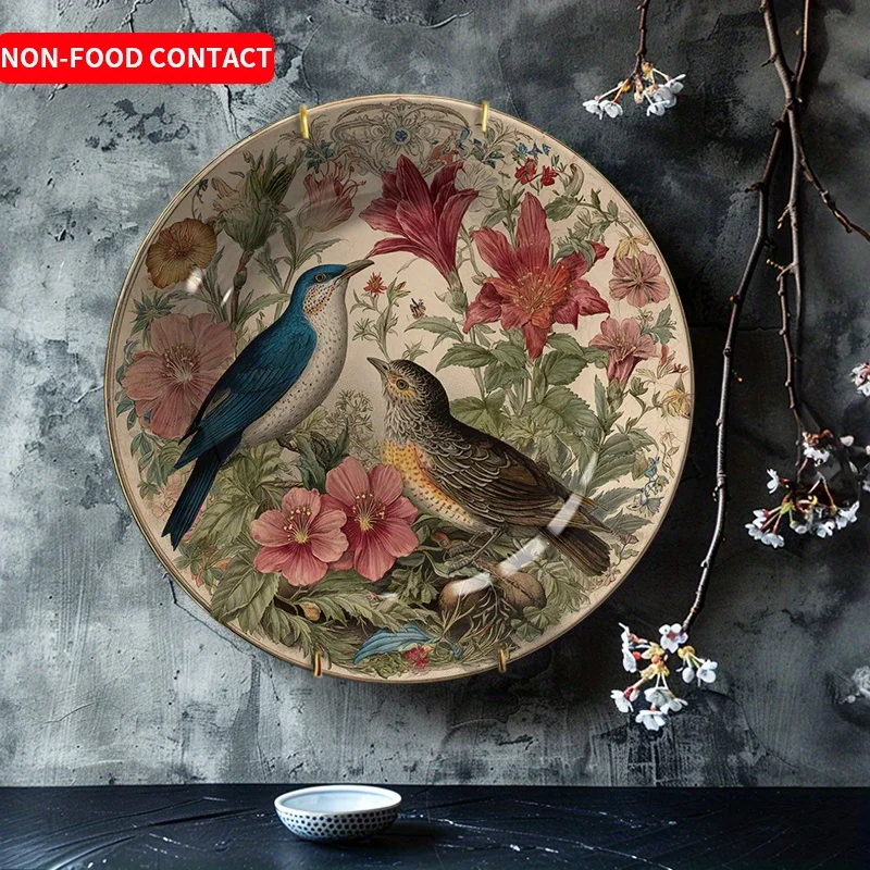 [Hand-Painted Ceramic Plate] 1pc Hand-Painted Ceramic Decorative Plate with Vibrant Bird & Floral Design - Non-Food Contact,