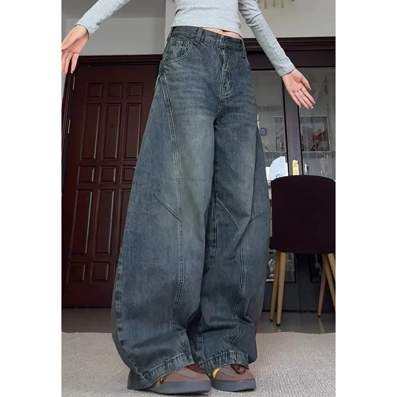 Women Vintage Blue Wide Leg Jeans American Retro Vibe High Street Baggy Denim Trousers Hip Hop Streetwear Wide Leg Pants