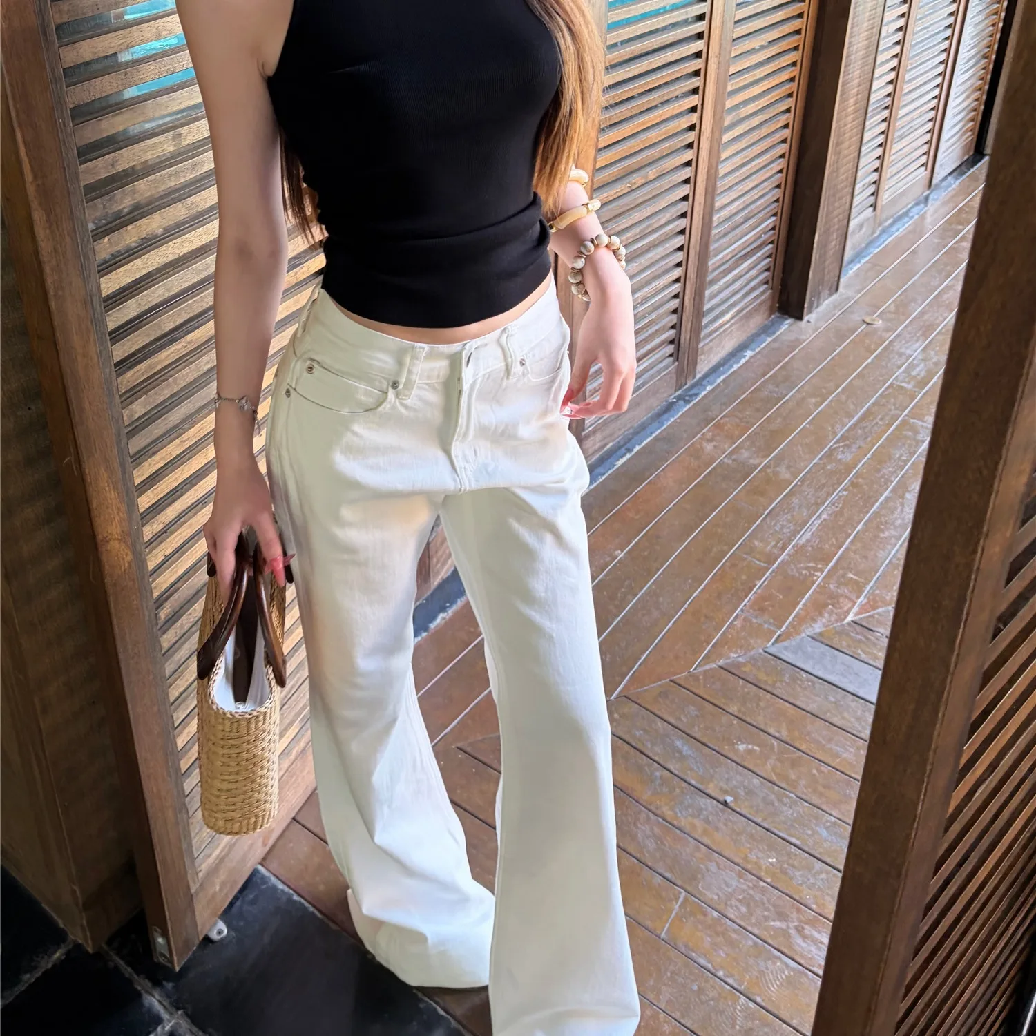 

Comfortable Fashionable Women's Vest Slim Fit Straight Leg Jeans Floor-Length Pants Dongda Gate Style Spring Summer White