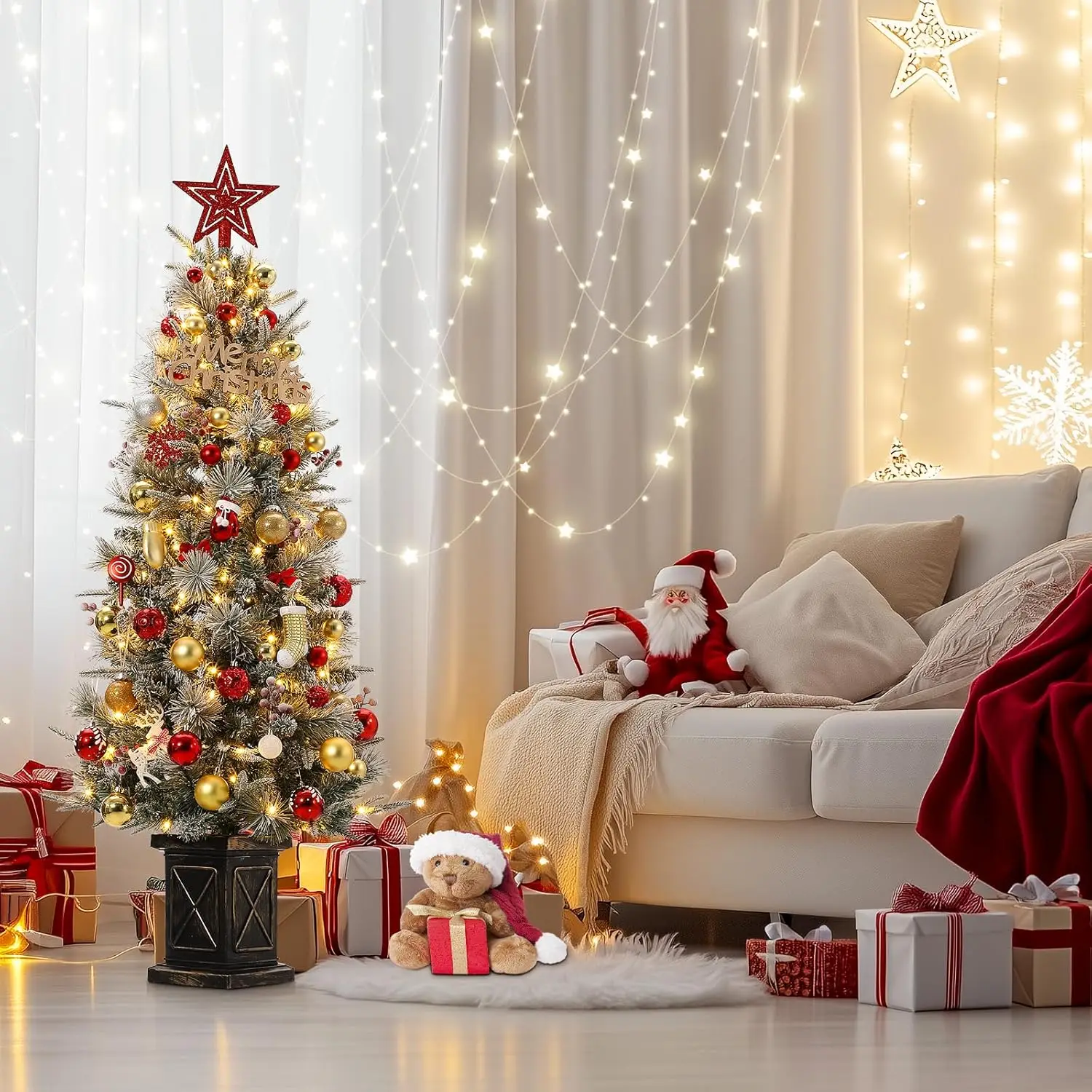 

4.5ft Christmas Tree With 200 Warm White LED Lights 8 Lighting Modes Pre-Lit Snow Flocked Artificial Xmas Tree For Home Entrance