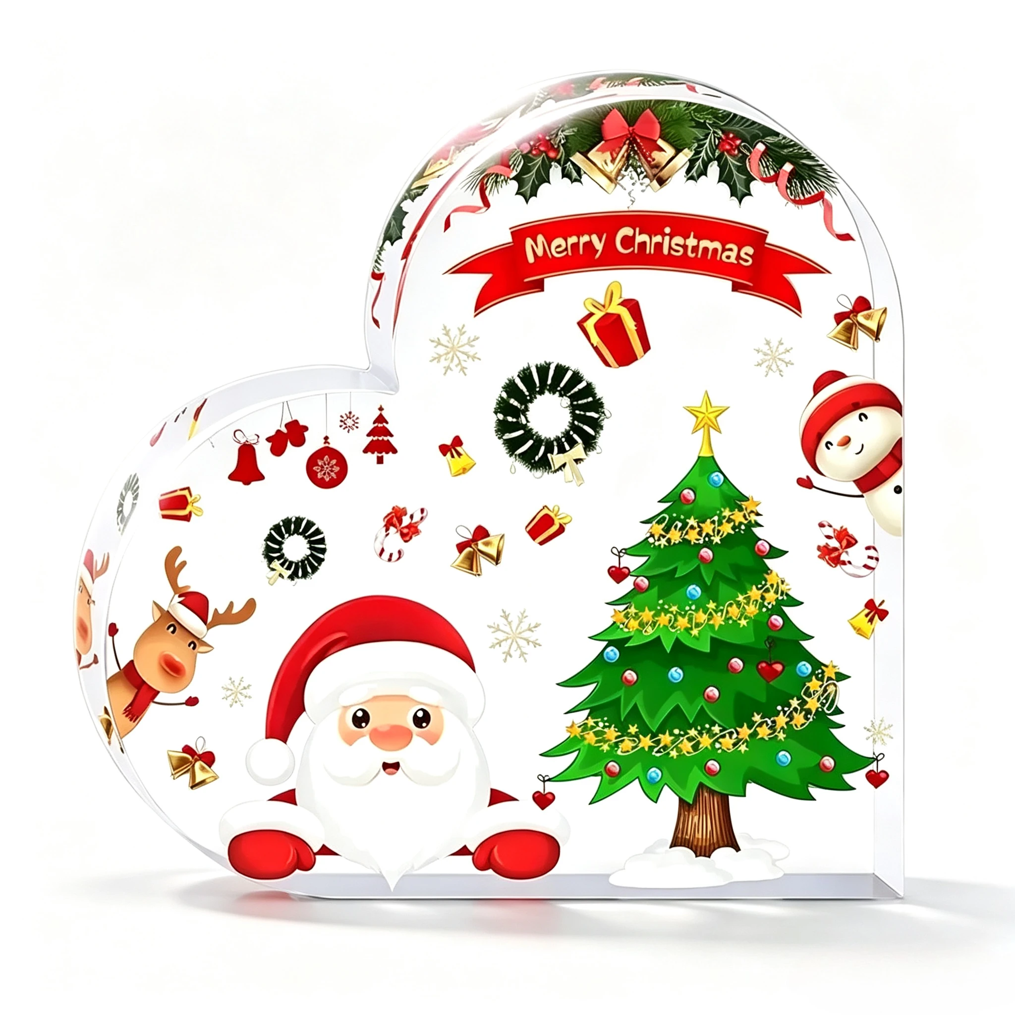 Heart‑Shaped Acrylic Plaque Merry Christmas Santa Claus Christmas Tree Reindeer Snowman Gift Box Bell Wreath Snowflake Print Freestanding Table Ornament Cartoon Xmas Desk Shelf Home Decor Christmas Keepsake Decoration Gift