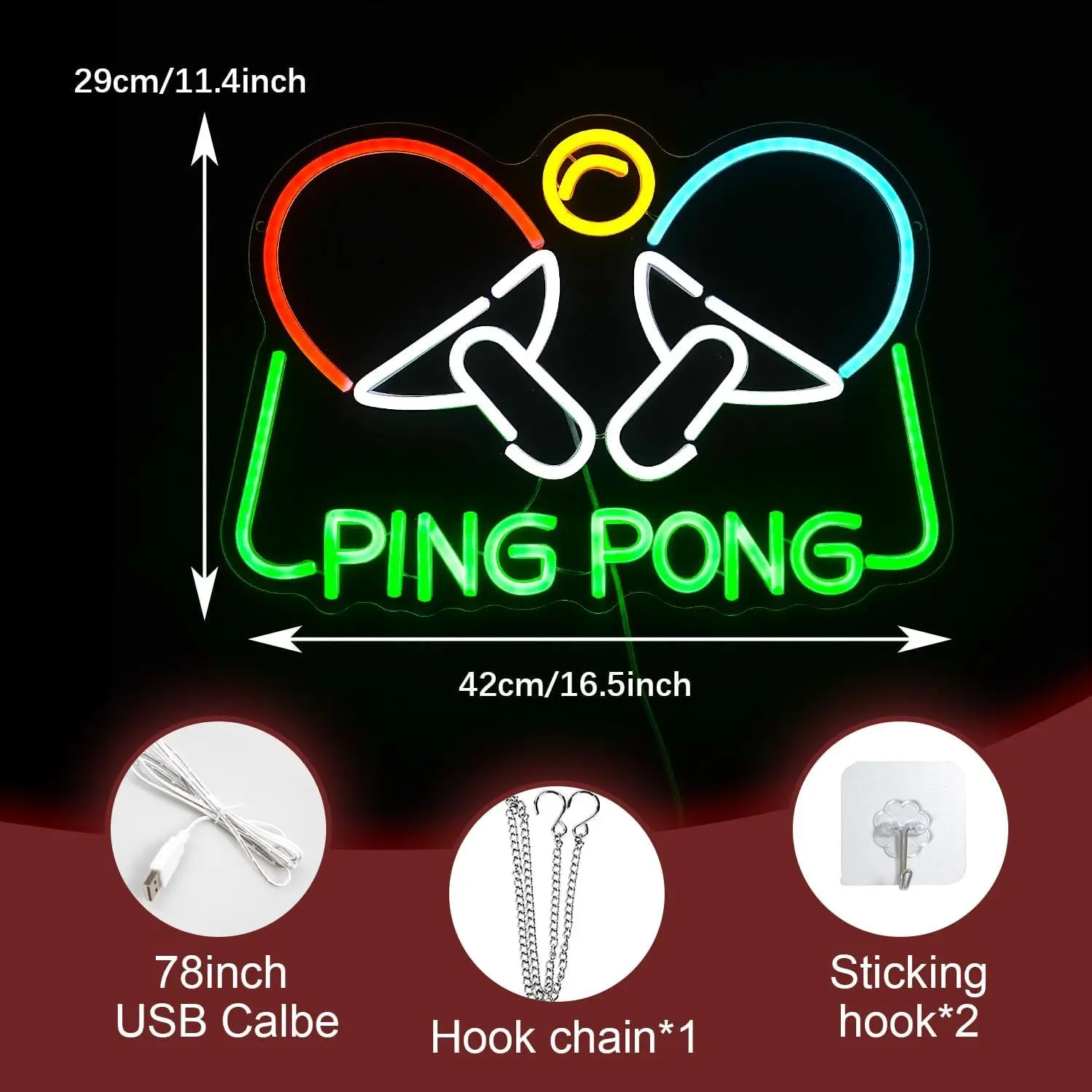 PING PONG LED Neon Light - USB Powered, With Dimmer, Adjustable Brightness, Perfect for Game Rooms, Sports Bars, Party Decor