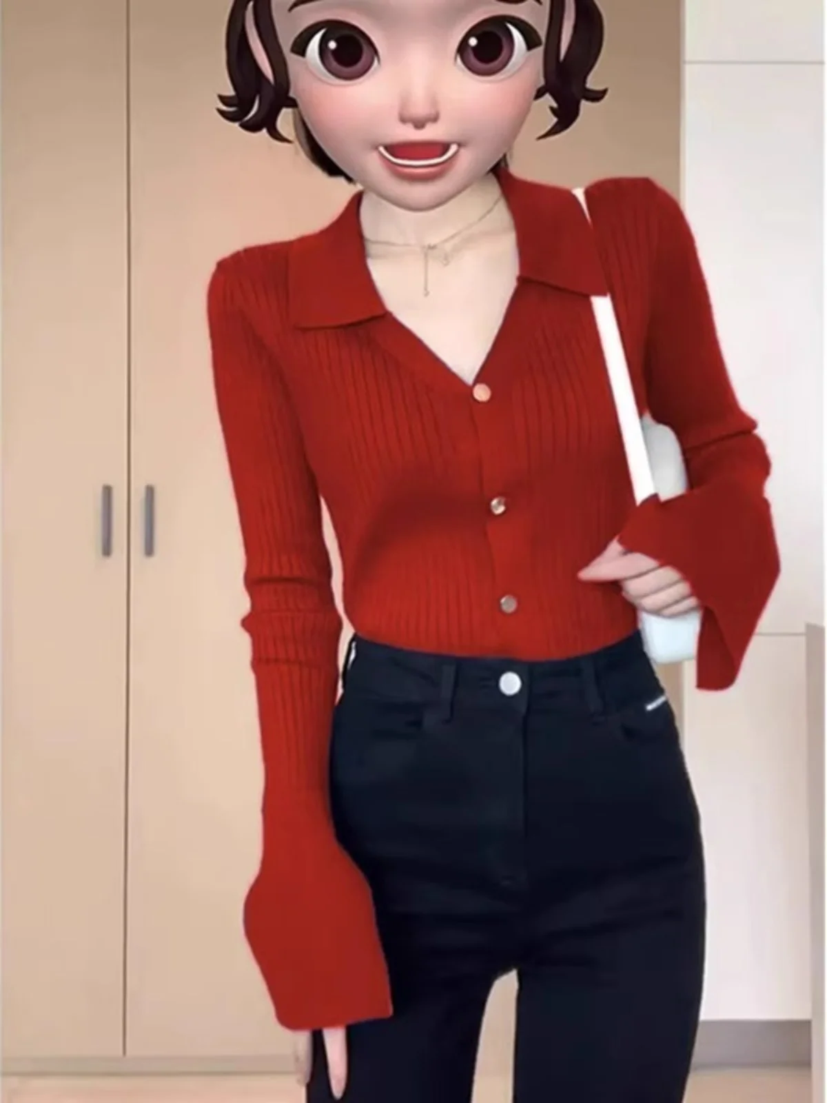 

Retro Red Knitted Neck Open Cardigan Women's Autumn New Style Slim Fit V Neck Base Shirt Korean Style Long Sleeve Regula...