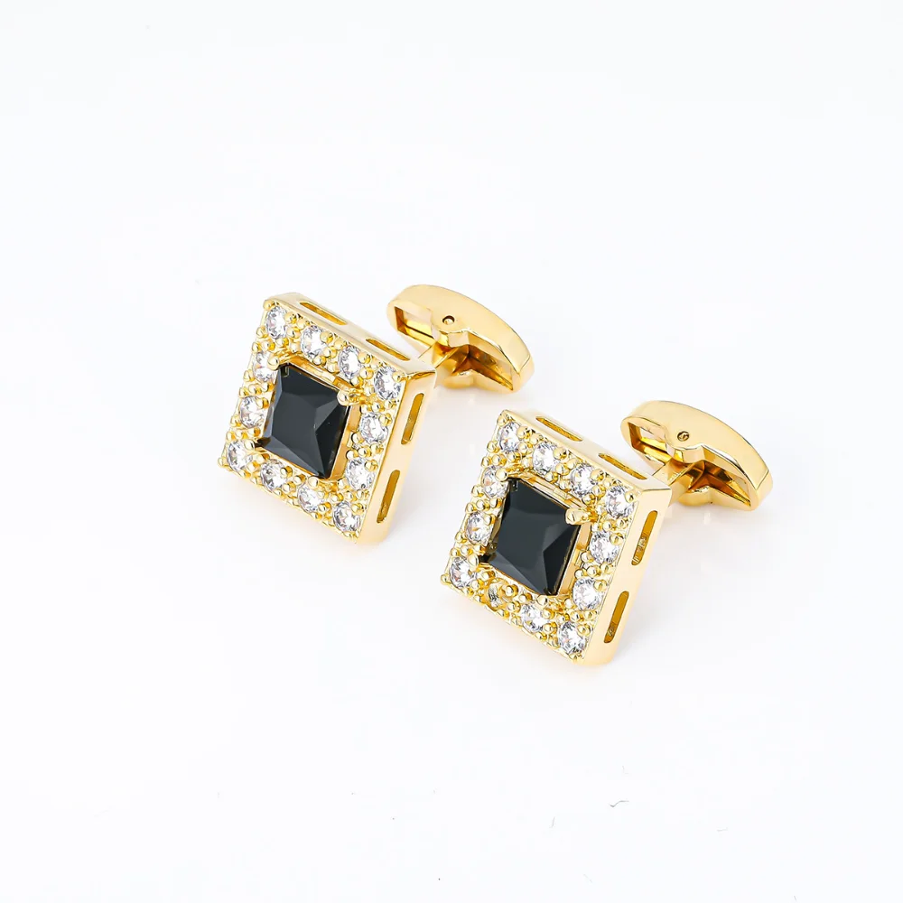 Square Diamond Studded Black Gemstone Cufflinks Golden Hollow Black Agate Sleeve Nail Business Formal French Shirt Accessories