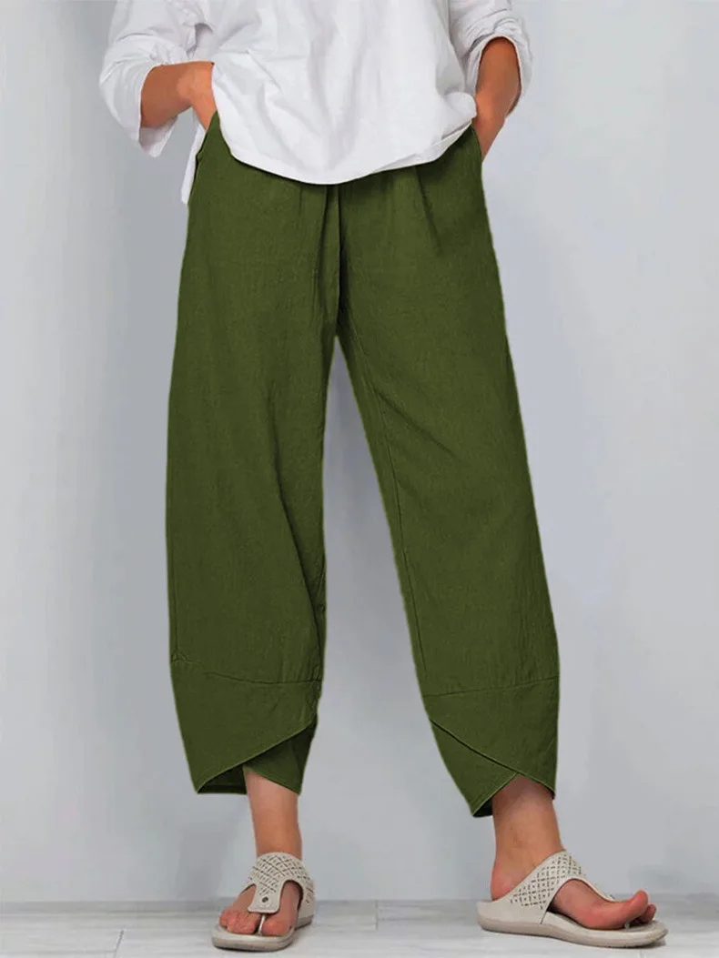 Calça de perna larga de linho de algodão feminina, emenda elástica solta, moda casual, verão, nove minutos