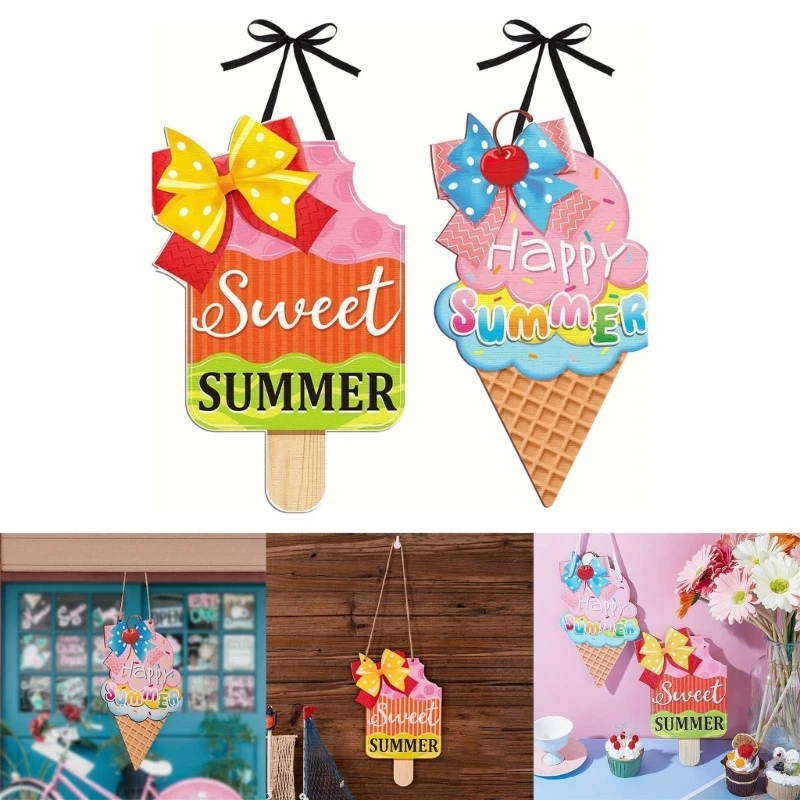 2Pcs Summertime Hangings Door Sign Decors Beach Colorful Ice Cream Plaques with Rope for Farmhouses Holiday Party