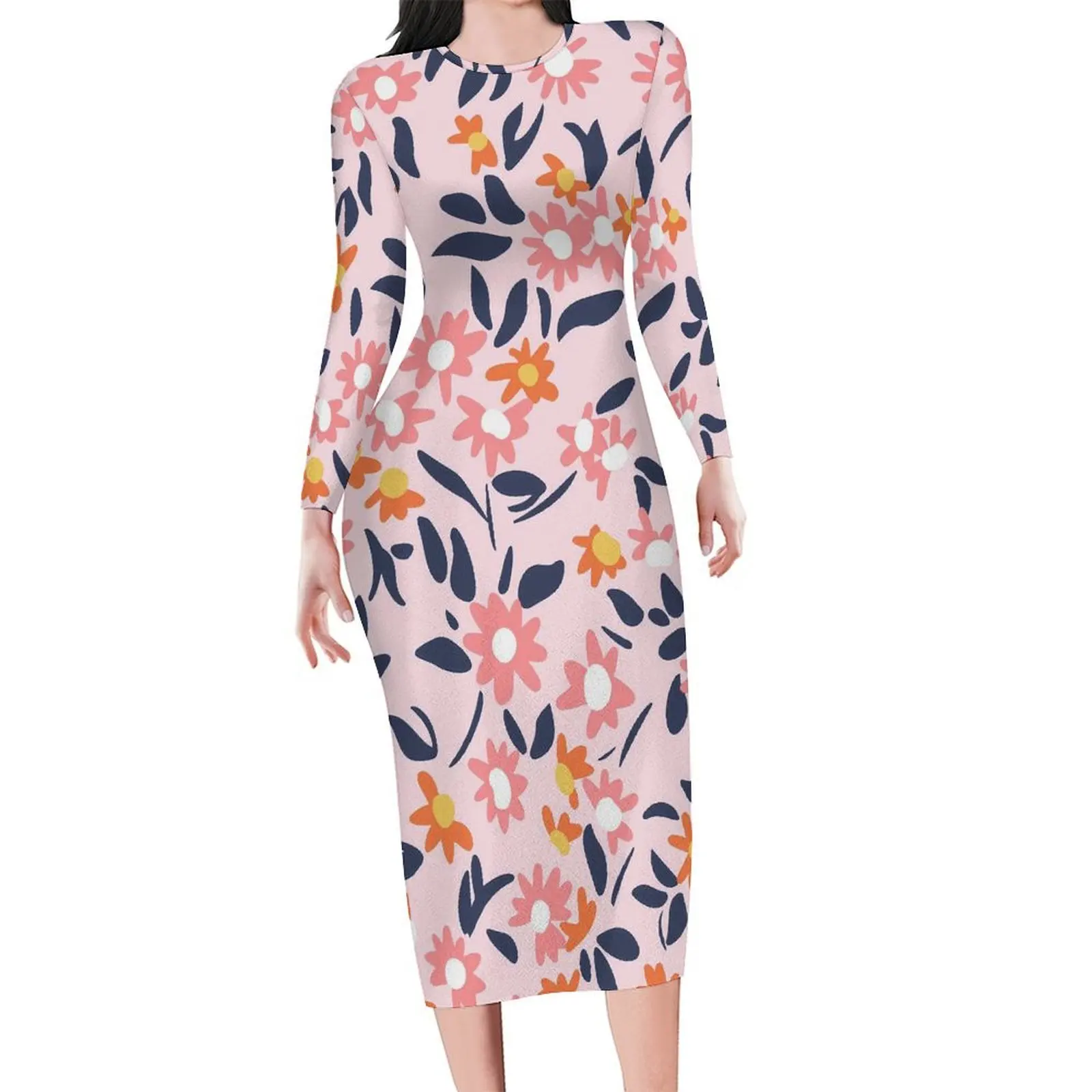 Roze Madeliefjes Print Bodycon Jurk Lente Weide Bloemen Elegante Jurken Dames Lange Mouwen Design Koreaanse Mode Jurk Grote Maat