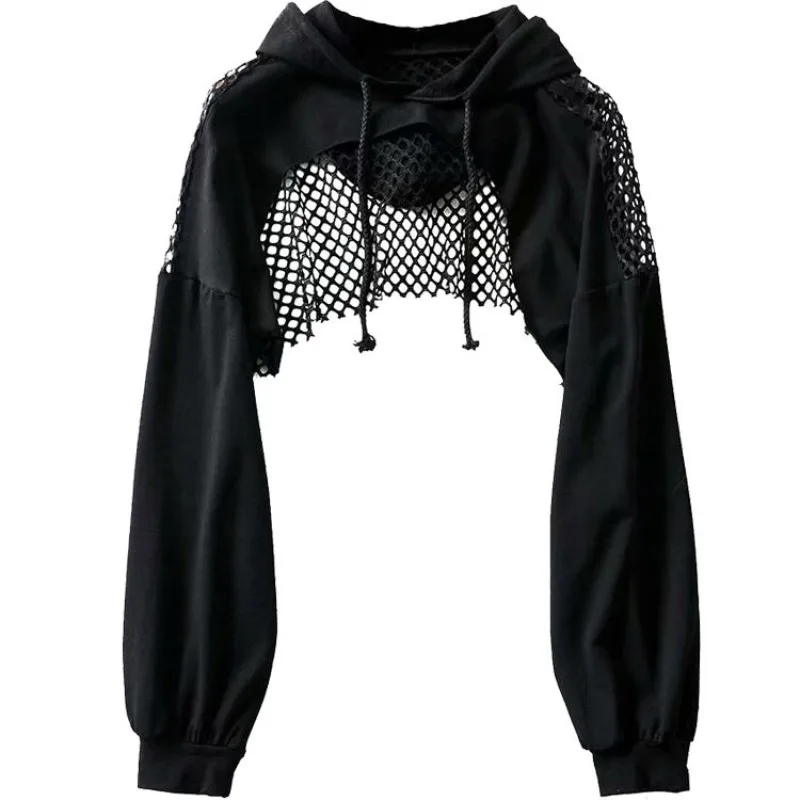 

Sexy Hollow Out Drawstring Women Loose Casual Harajuku Long Sleeve O Neck Hoddies Gauze Patchwork All Match Sweatshirts