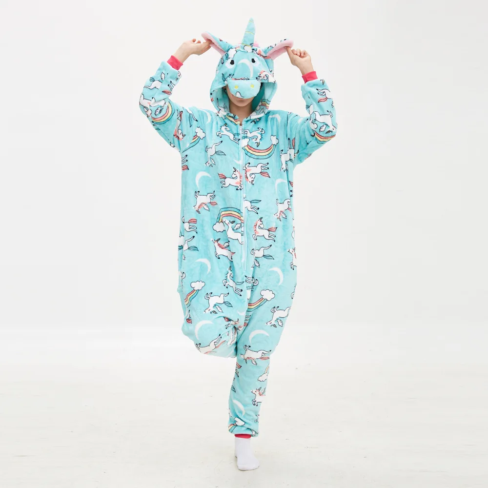 Blue Flying Horse flanella con cappuccio pigiama di un pezzo Cartoon Button tutina coppia Sleepwear abbigliamento per il tempo libero Halloween