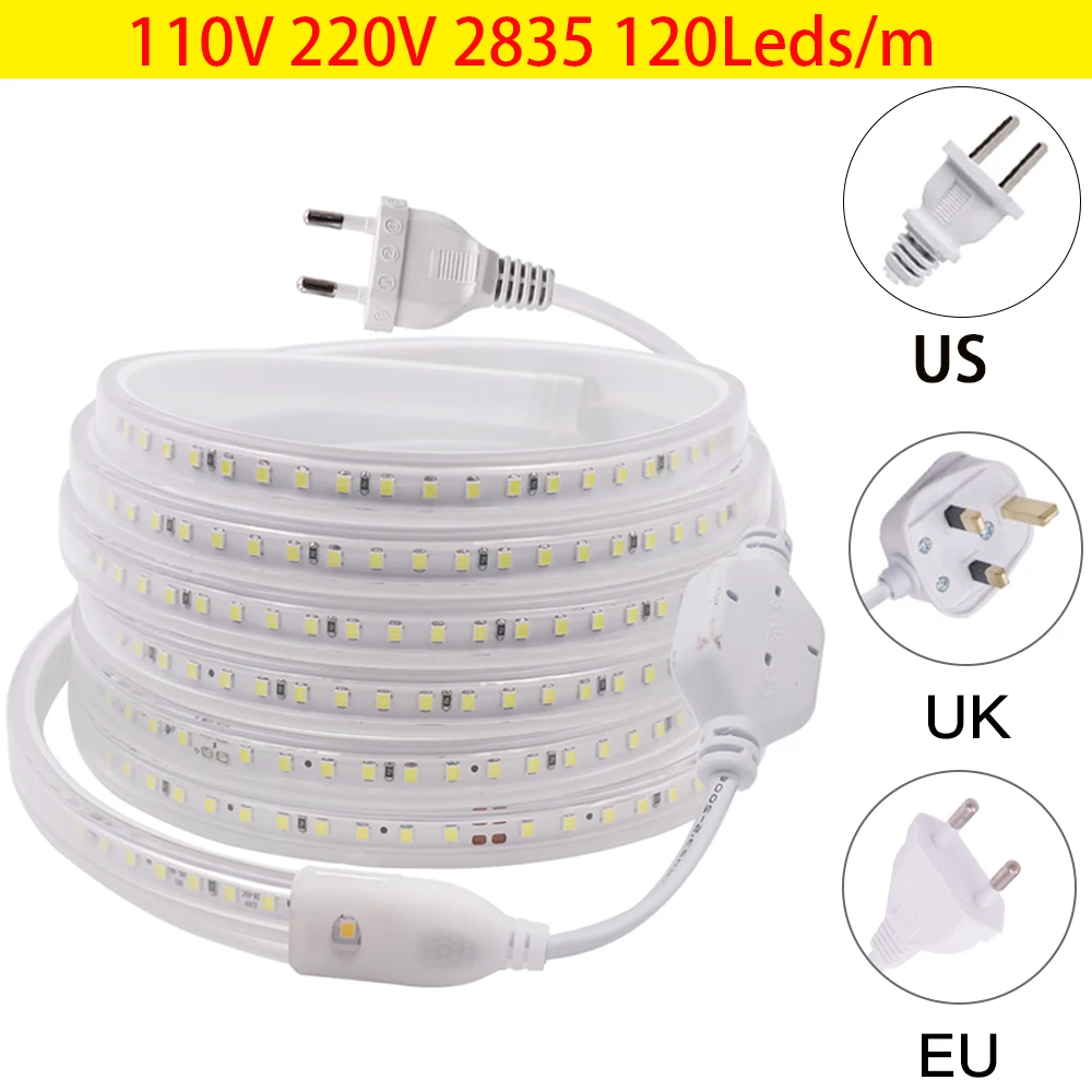 

LED Strip Lights 220V EU UK Plug 110V US Plug 2835 SMD 120LEDs/m LED Tape Waterproof Indoor Outdoor Lighting Flexible LED Ribbon