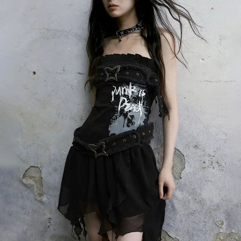 Solid Black 90s Punk Fairycore Party Dresses Grunge Aesthetics Irregular  Y2k Prom Dress Vintage Graffiti Print Strapless Dress - AliExpress 200000345