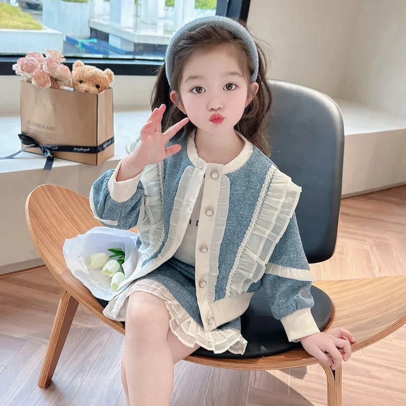 Girls' Fungus Edge Small Fragrant Style Set 2024 Spring and Autumn New Fashionable Children's Baby Girl Sweet Two-piece Set