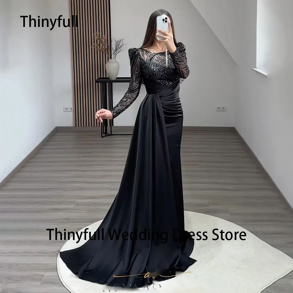 Thinyfull Black Mermaid Prom Party Dresses Long Sleeve Beading Evening Dresses Satin Celebrity Gown Formal Dresses Customized