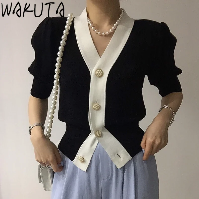 WAKUTA Summer Elegant Puff Short Sleeve Cardigan Women 2024 Korean Design Solid Single Breasted Chic Knitted Tops Ottfice Lady