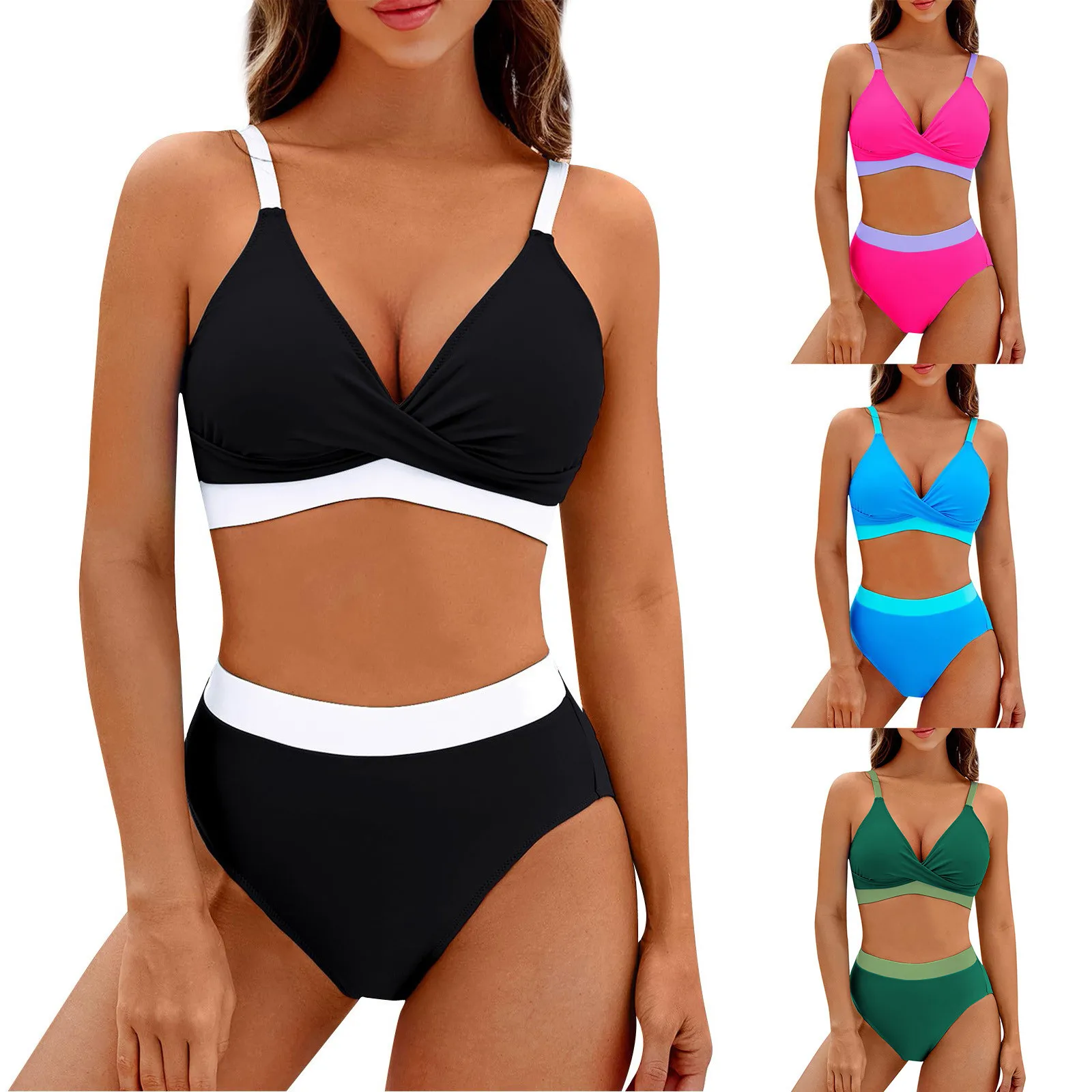 Women'S Split Sexy Bikini Set Fashion One Piece Bra With Padded No Steel High Waist Briefs Patchwork Swimsuit Two Piece Set