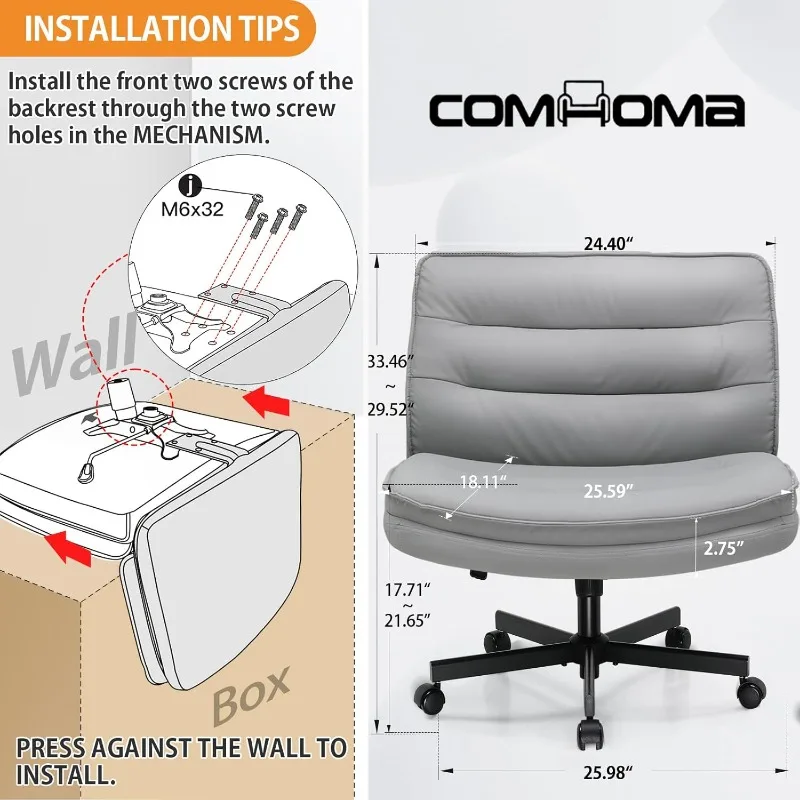 

Cross Legged Office Chair with Wheels Armless Office Desk Chair, Modern Vanity Computer Task Chairs for Home Bedroom