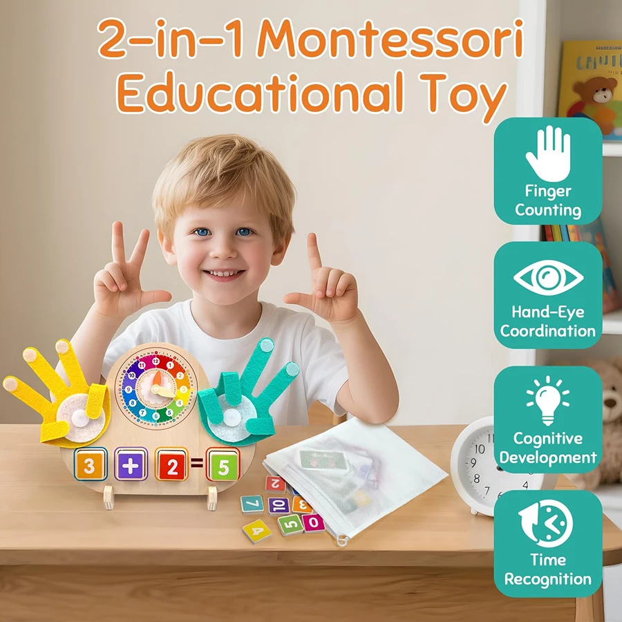 Brinquedos montessori para crianças, manipuladores de matemática com blocos de números de relógio, cartões de contagem de dedos, brinquedos educativos de aprendizagem pré-escolar