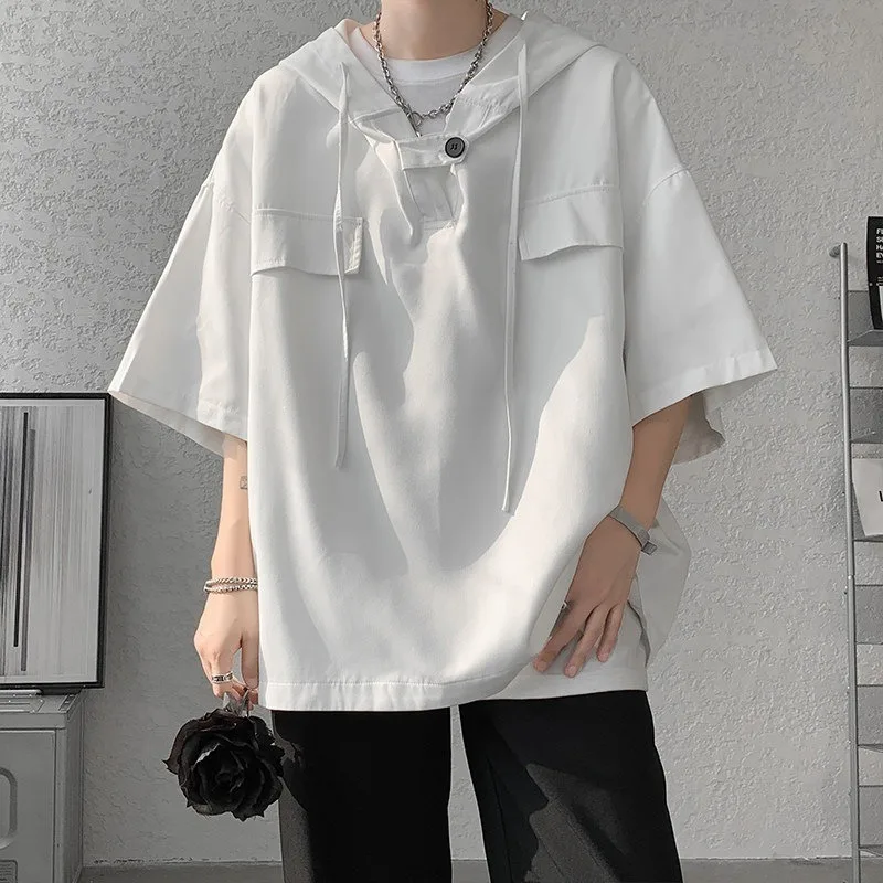 Korean Fashion Street Style Hooded Half Sleeved T-shirt for Men 2026 Summer New Casual Loose Tops Men's Oversized T-shirt Y2k