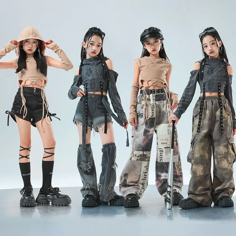 Ropa de Hip Hop para chico Wasteland, Top corto gris, Sudadera con capucha de manga larga, pantalones Cargo informales de camuflaje para niñas, trajes de baile, ropa