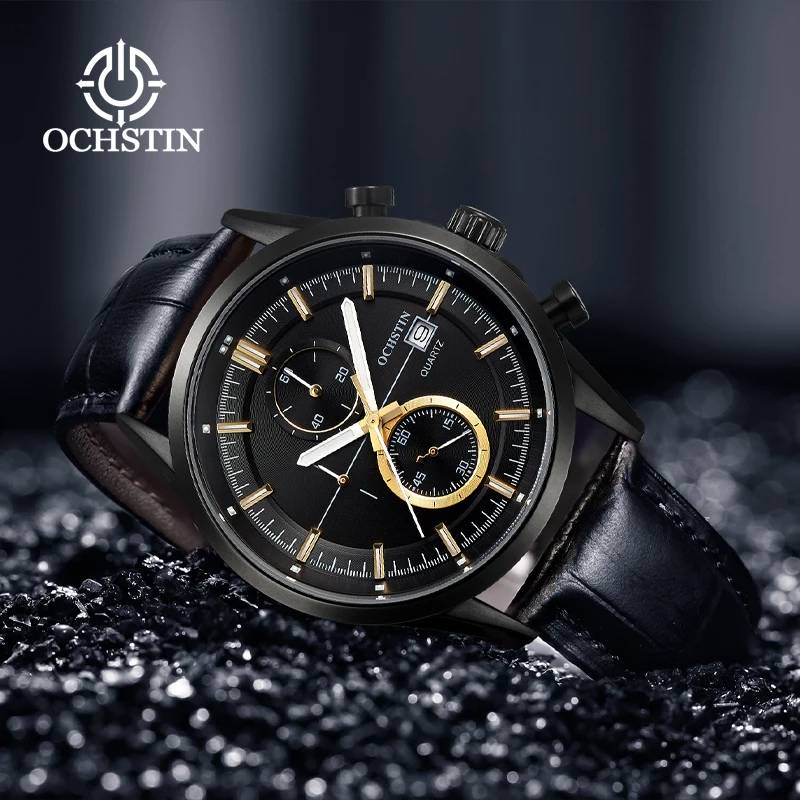 

OCHSTIN New Brand Men's Watch Sports Japanese Multi-Functional Movement Quartz Waterproof Luminous Watches Leather Gift for Men