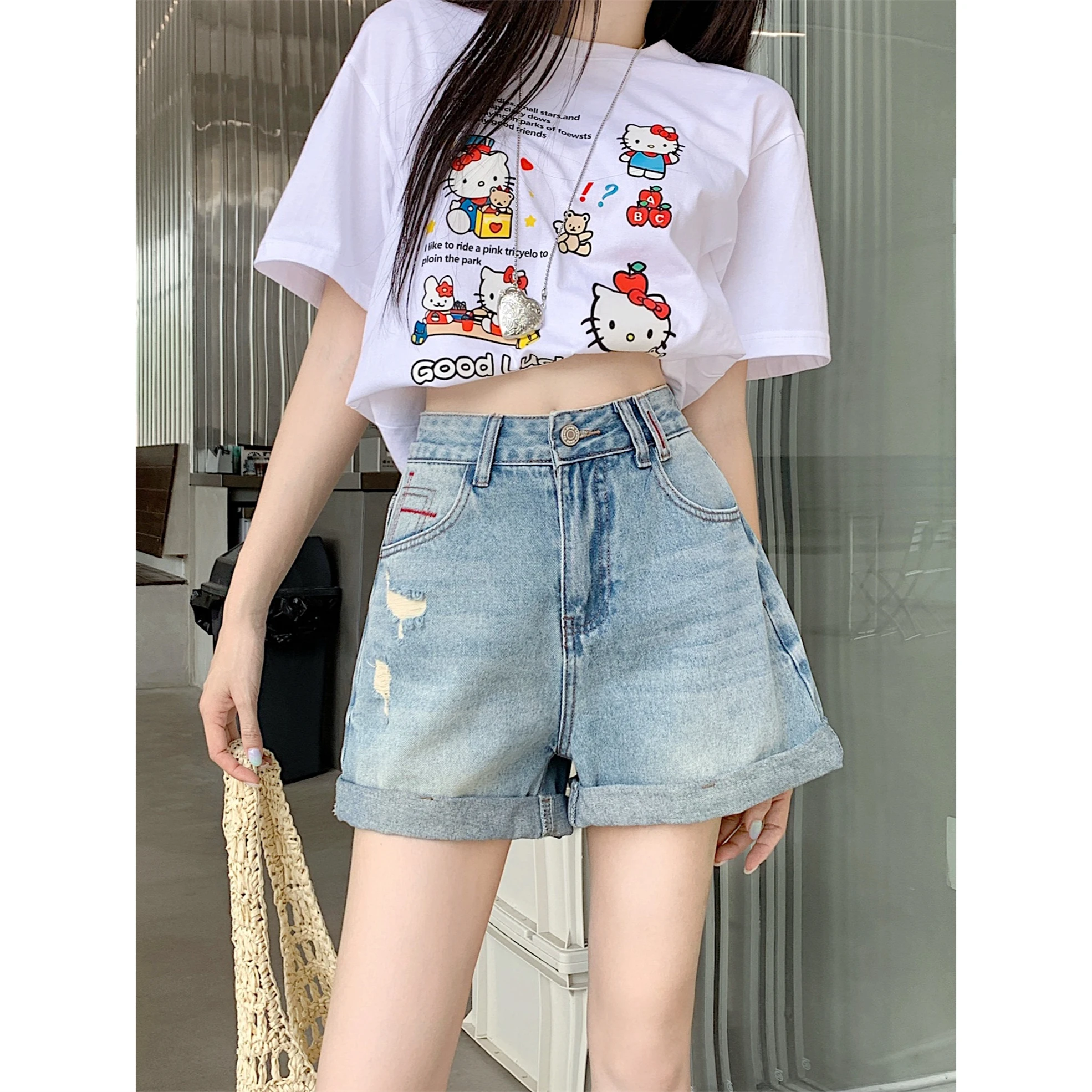 

plus Size Women's Summer Vintage Ripped Cuffed Denim Shorts Wide Leg Hot Pants High Waist Cotton Polyester Blend