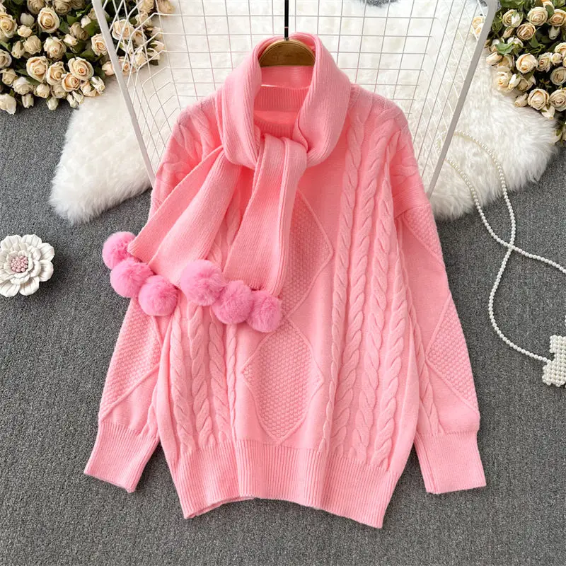 Lovely Sweet Sweater Oversized Loose Autumn Winter Twist Pullover With Scarf Thickened Women's Casual Top Knitted Jumper T1475