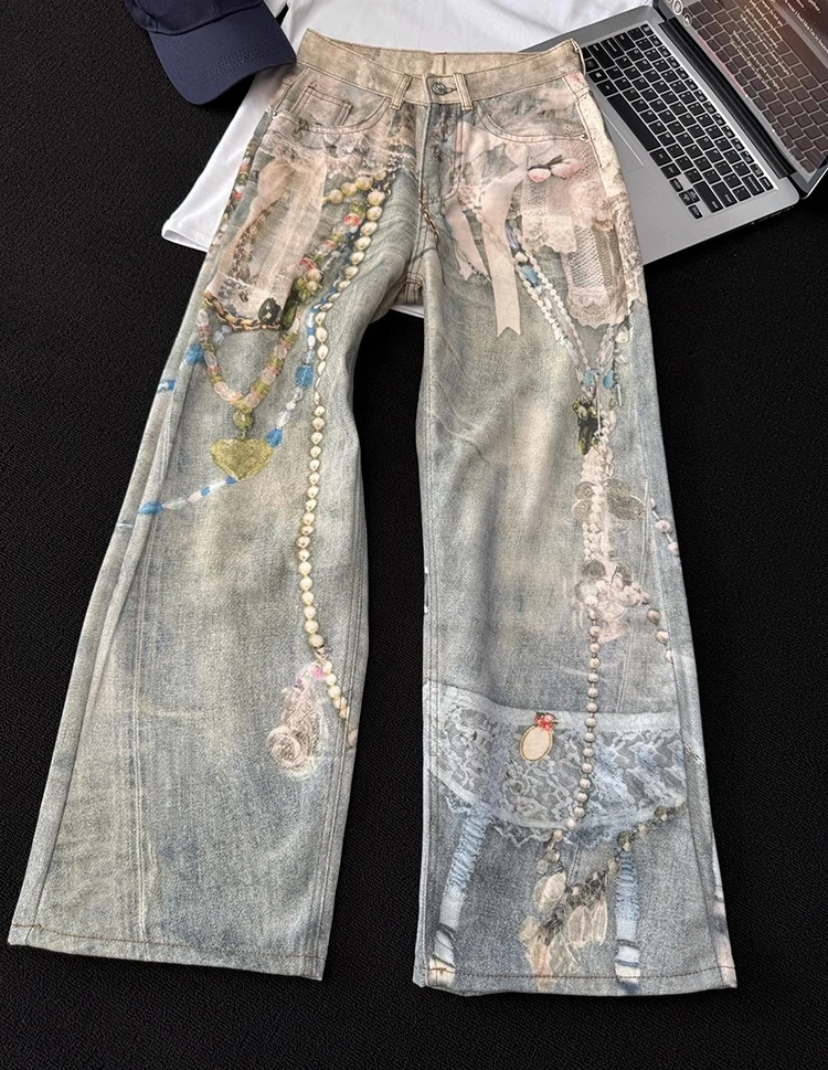 2025 الربيع والخريف جديد النمط الأمريكي الدانتيل اللؤلؤ سلسلة التعادل صبغ الثقيلة ثلاثية الأبعاد الطباعة الرقمية فضفاض عادية مستقيم الجينز #2