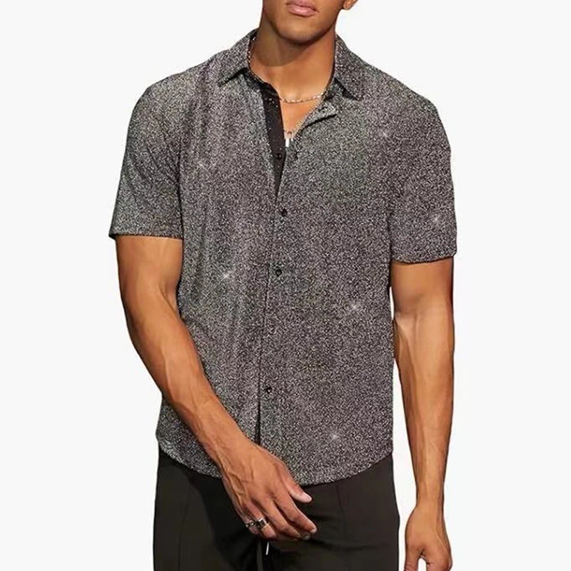 Camisa de botão de lantejoulas masculina, elegante, camisas de purpurina, manga curta, gola virada para baixo, casual, verão, elegante, 2024