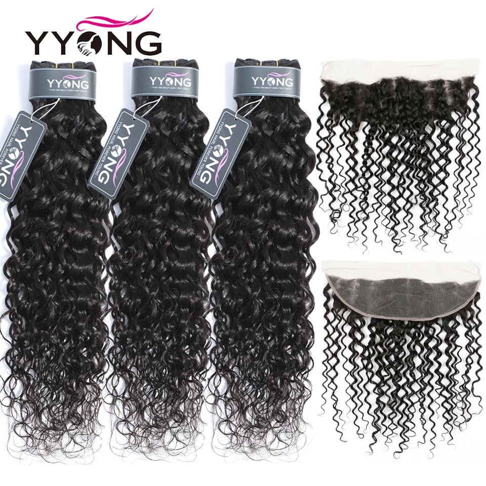 Yyong Hair 3/4 Brazilian Water Wave Bundles With Frontal 100% Remy Human Hair Weave Bundles With 13x4 Lace Frontal Closure