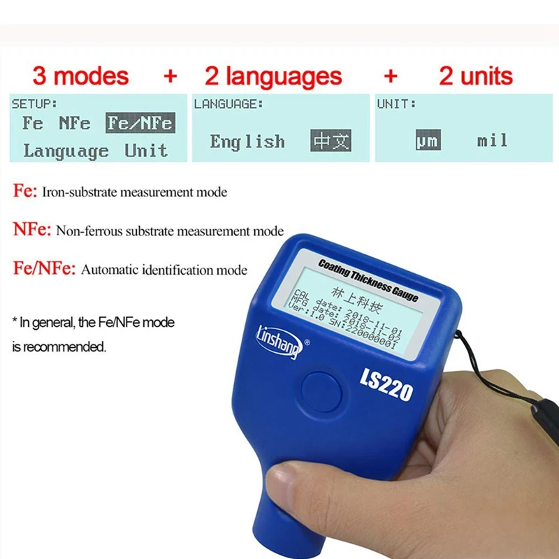 Linshang LS220 Coating Thickness Gauge Car Paint Meter LCD Screen Meter For 2000Um Ferrous Non-Ferrous For Car Dry Film